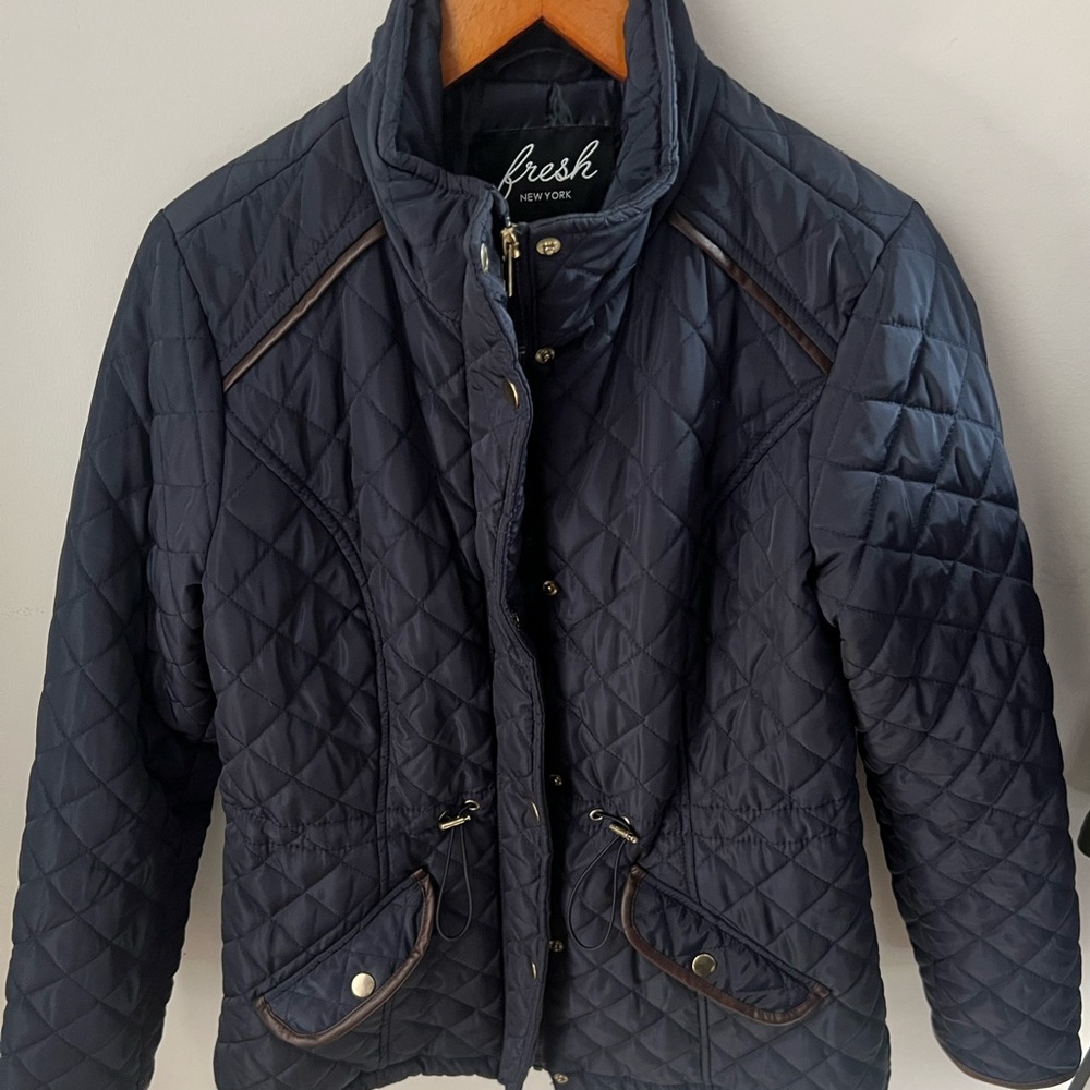 Blue Quilted Puffer Jacket w/ Gold Accents & Drawstring Waist – Size M - Picture 7 of 8